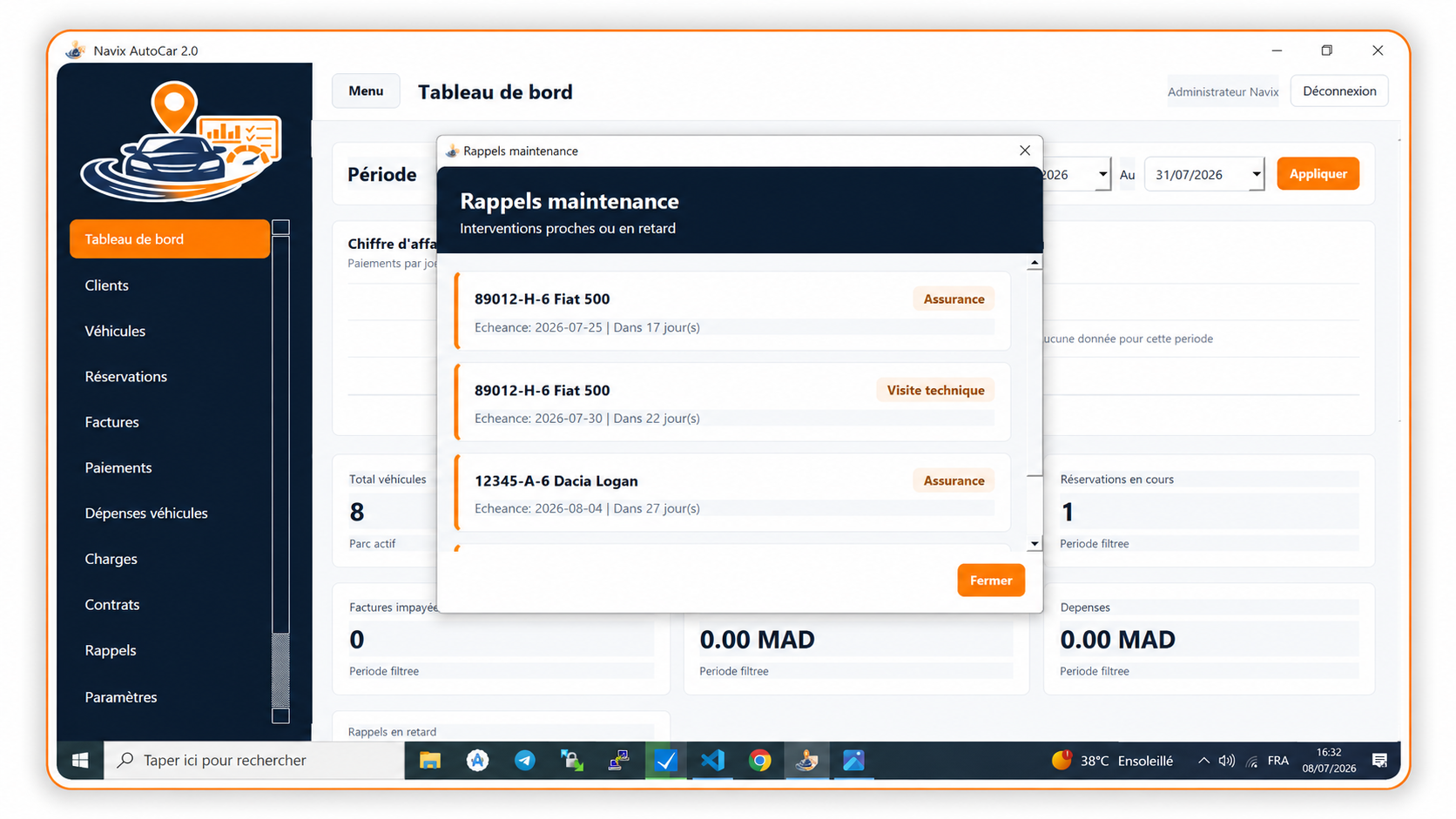 Alertes et rappels de maintenance Navix Autocar 2.0